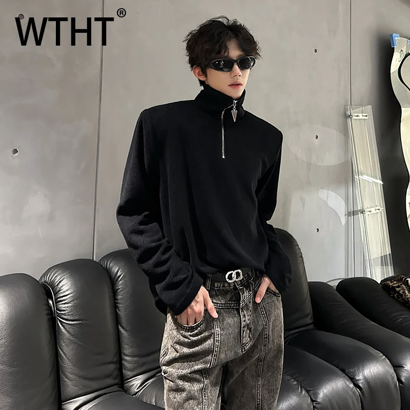 Фото WTHT модные мужские однотонные наплечники на молнии, дизайнерские футболки, модные осенние топы с воротником-стойкой 2023, уличные топы Mlae 2A2181 №1