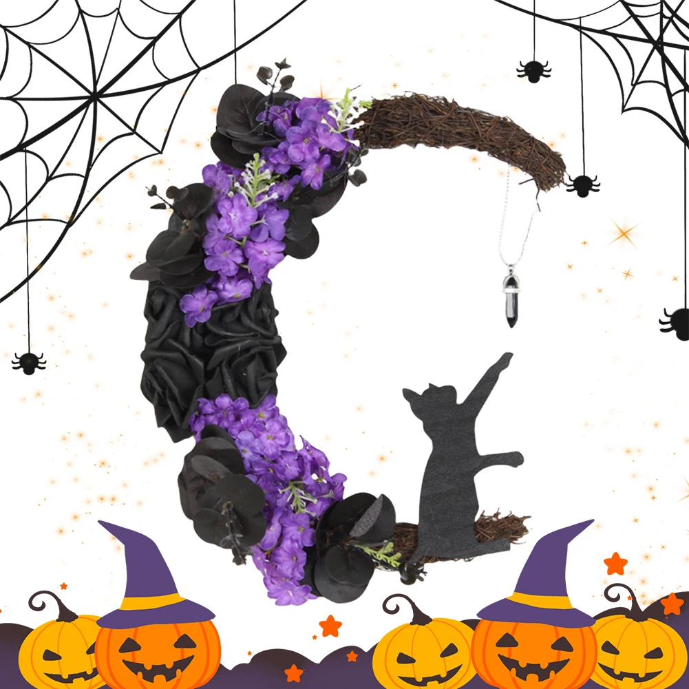 30 см входная дверь Хэллоуин лунный венок с черным котом роза виноградная