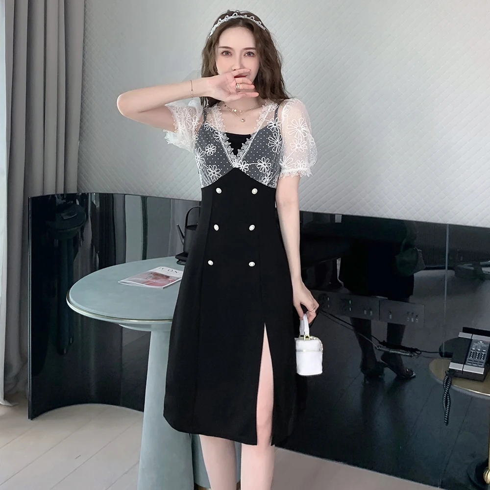

COIGARSAM Women One Piece Ladies Korea Dress Summer New Patchwork Lace Black Dresses Dropshipping