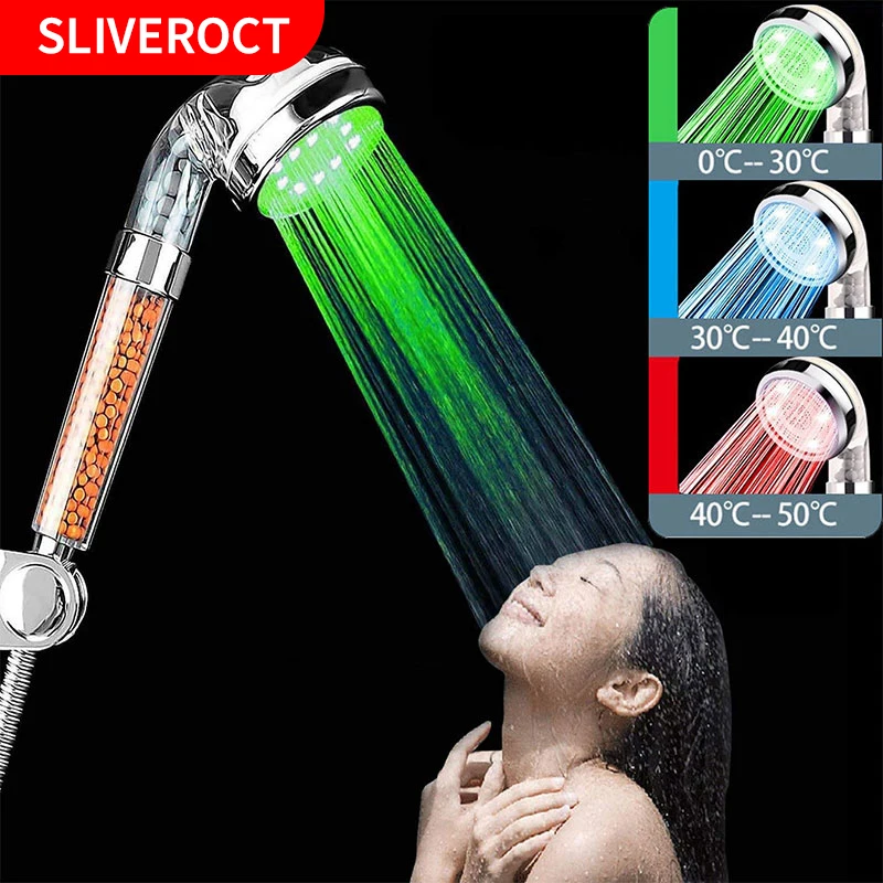 3/7 Color Changing Temperature Sensor Handheld Mineral Anion Water Saving High Pressure Bathroom Shower Filter