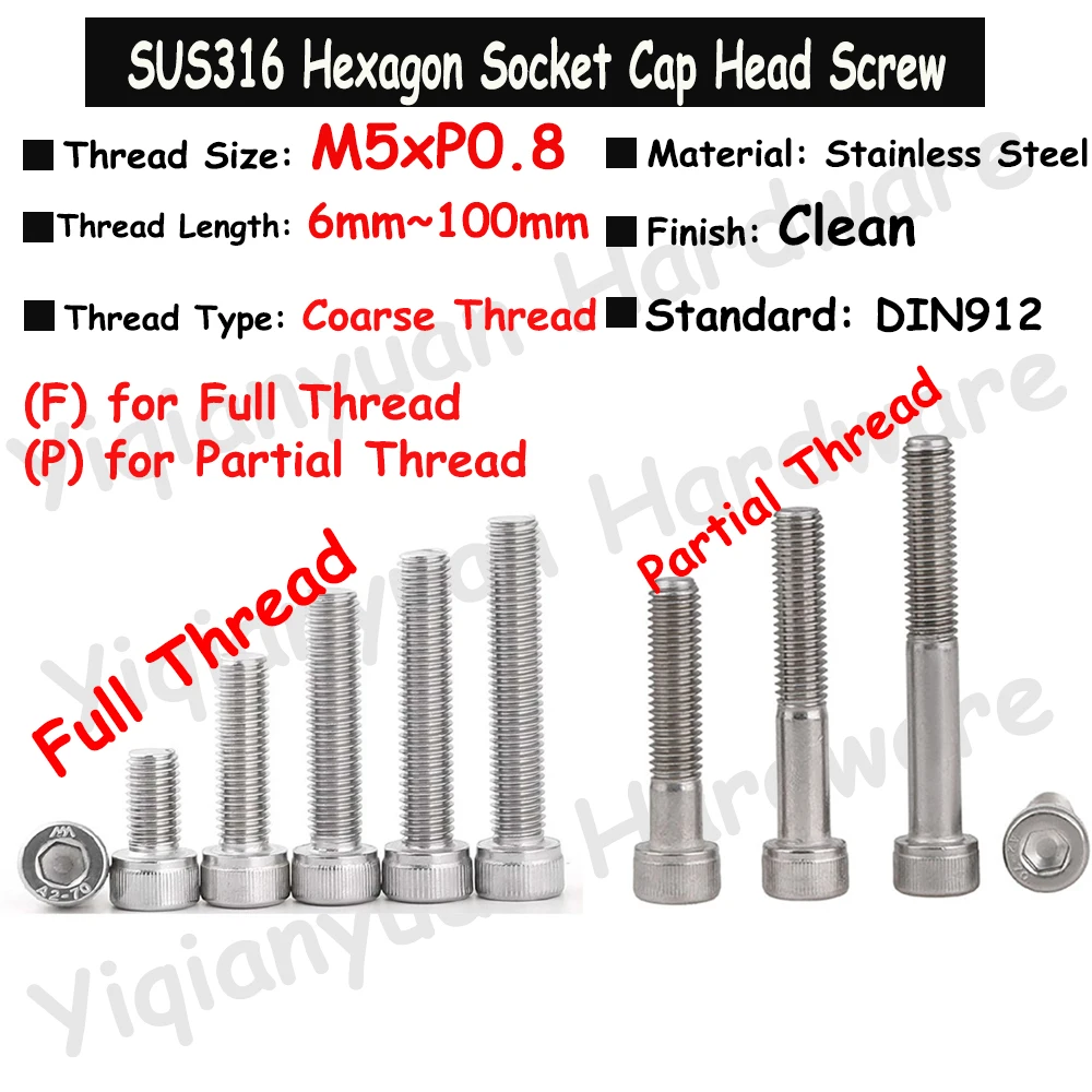 

2Pcs~10Pcs M5xP0.8 DIN912 SUS316 Stainless Steel Hexagon Socket Knurled Cap Head Screws Allen Key Bolts Full/Partial Threaded