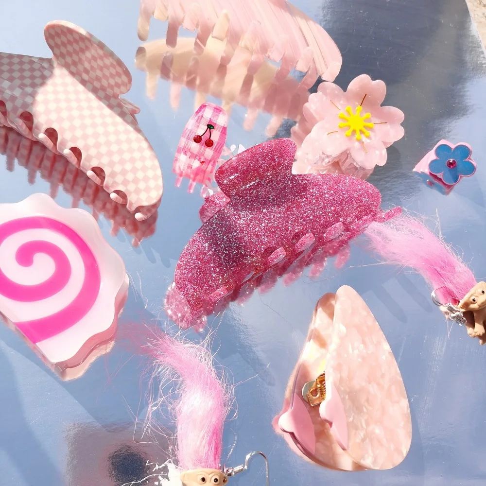 

Женский зажим для волос из ацетата, розовая полосатая сетка с блестящими цветами, зажим для волос с акулой, аксессуары для волос для путешес...