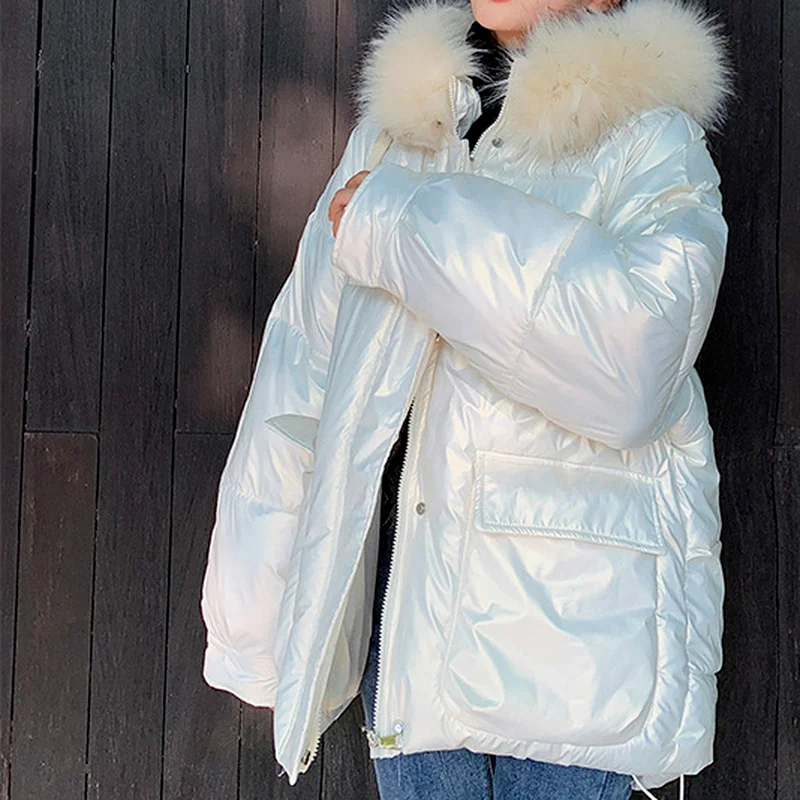 2021 New Women Clothing Cotton Coat Hooded Big Fur Collar Warm Outwear Glossy Loose Thick Padded Jacket Ladies Winter Coat Parka