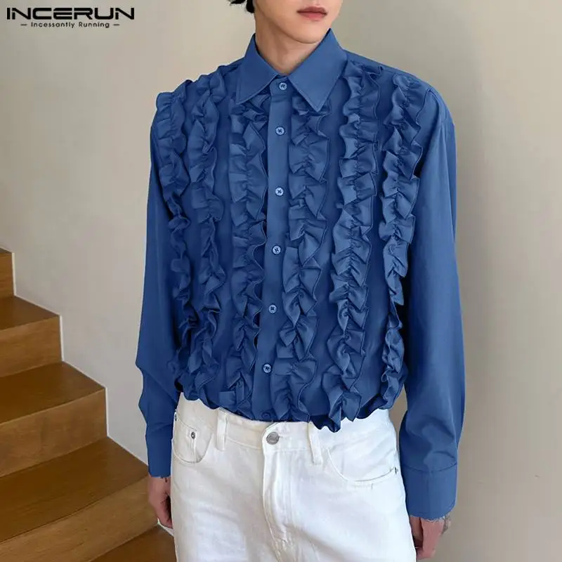 

Fashion Hot Sale Solid Tops INCERUN Handsome Men All-match Simple Shirts Palace Style Ruffled Lace Long Sleeve Blouse S-5XL 2023