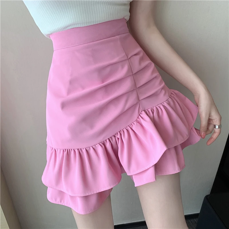 

Women High Waist Ruffles Pleated Bodycon Skirts Female Pink Black Summer All-match Folds Irregular Slim A-line Cake Mini Skirt