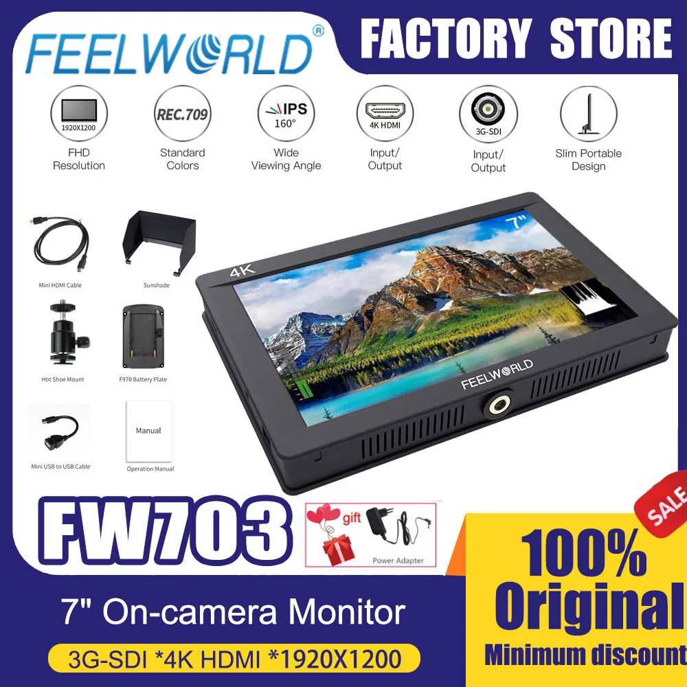 Фото FEELWORLD 7-дюймовый монитор для камеры FW703 3G-SDI 4K HDMI IPS Full HD 1920x1200 с историями для камеры-стабилизатора №1