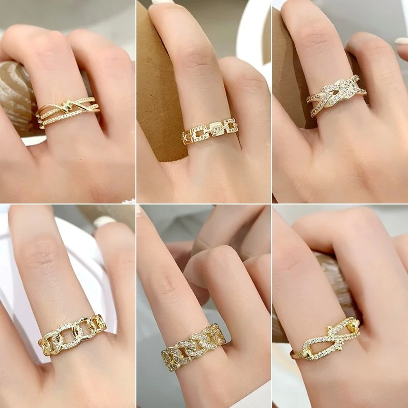 

U-Magical Minimalist Twist Cross Chain Hollow Ring for Women Cubic Zircon Metallic Open Index Finger Ring Earring Jewellery