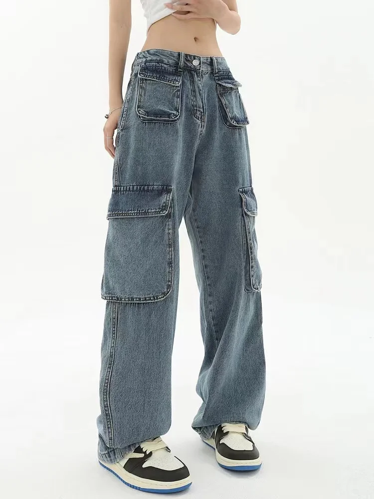 ADAgirl Blue Women Cargo Pants Y2k Vintage Oversize Low Waist Ladies Jeans 90s Streetwear Hip Hop Straight Causal Bottoms 2023