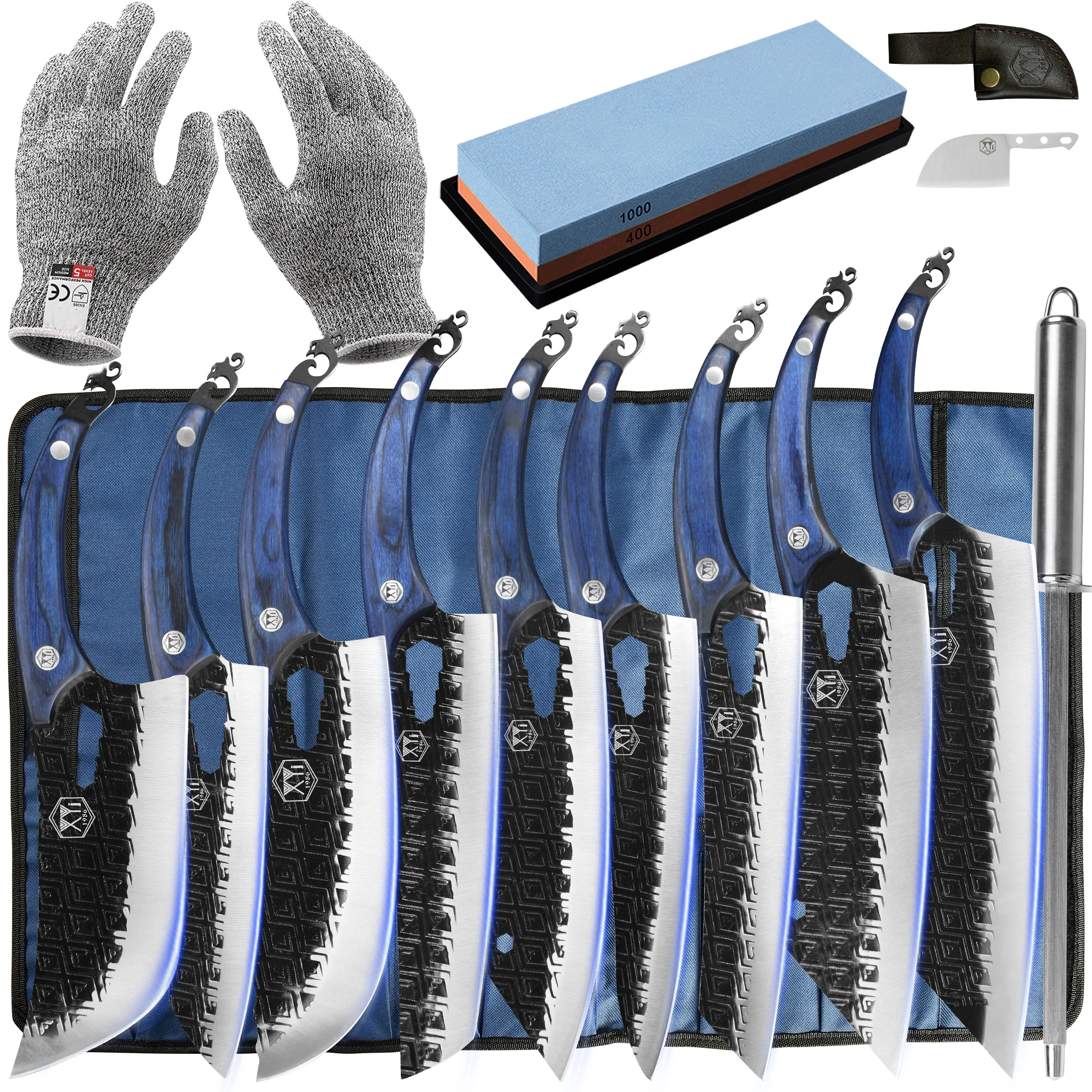 

XYJ 9pcs Full Tang Blue Handle Knife Set Razor Sharp Hex Spanner Blade Non-stick Cooking Knives With Roll Bag Whetstone Gloves