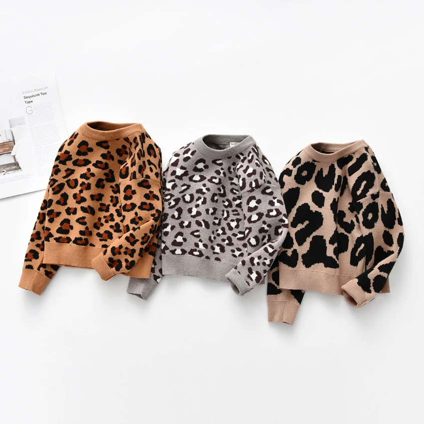 

2022 Autumn and Winter Baby Girl Leopard Print Round Neck Tops Long-sleeved Cotton Pullover Boys Knitted Sweater