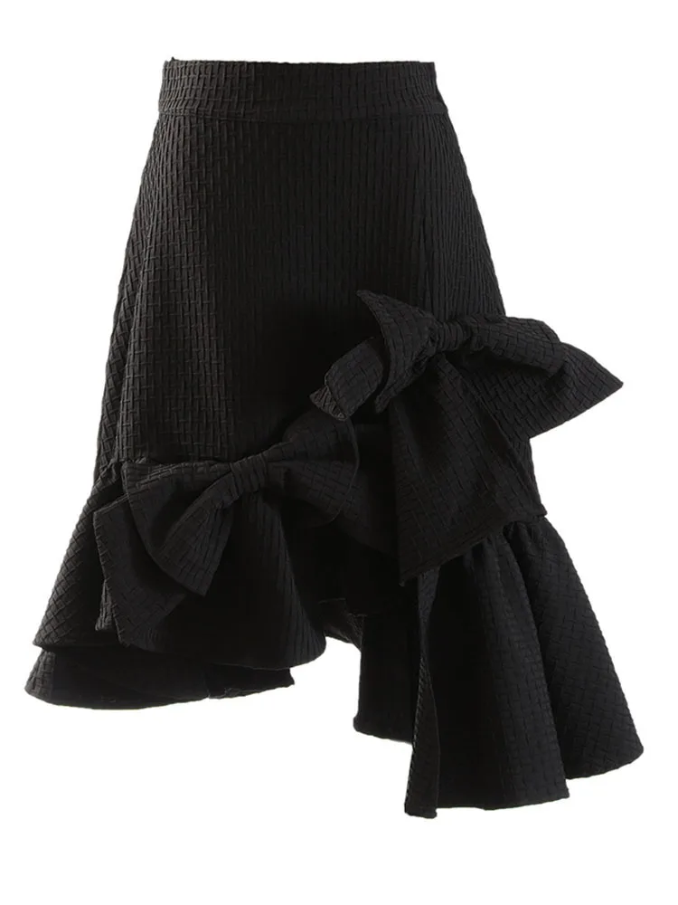 

High Elastic Waist Black Ruffles Bow Irregular Elegant Midi Half-body Skirt Women Fashion New Spring Autumn 2022 N640