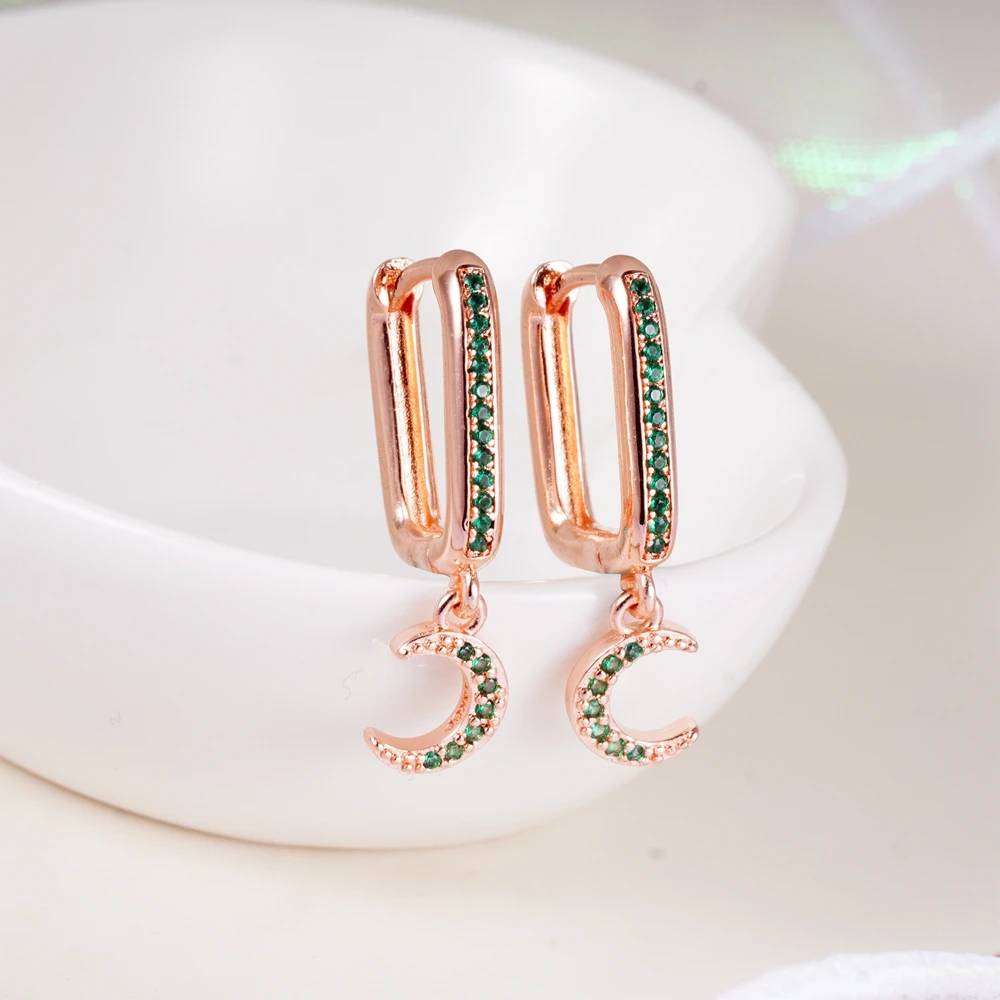 

Yunkingdom 9 Colors Moon Design Hanging Earrings AAA CZ Pendant Drop Earrings for Women Wedding Jewelry Geometric Hoops