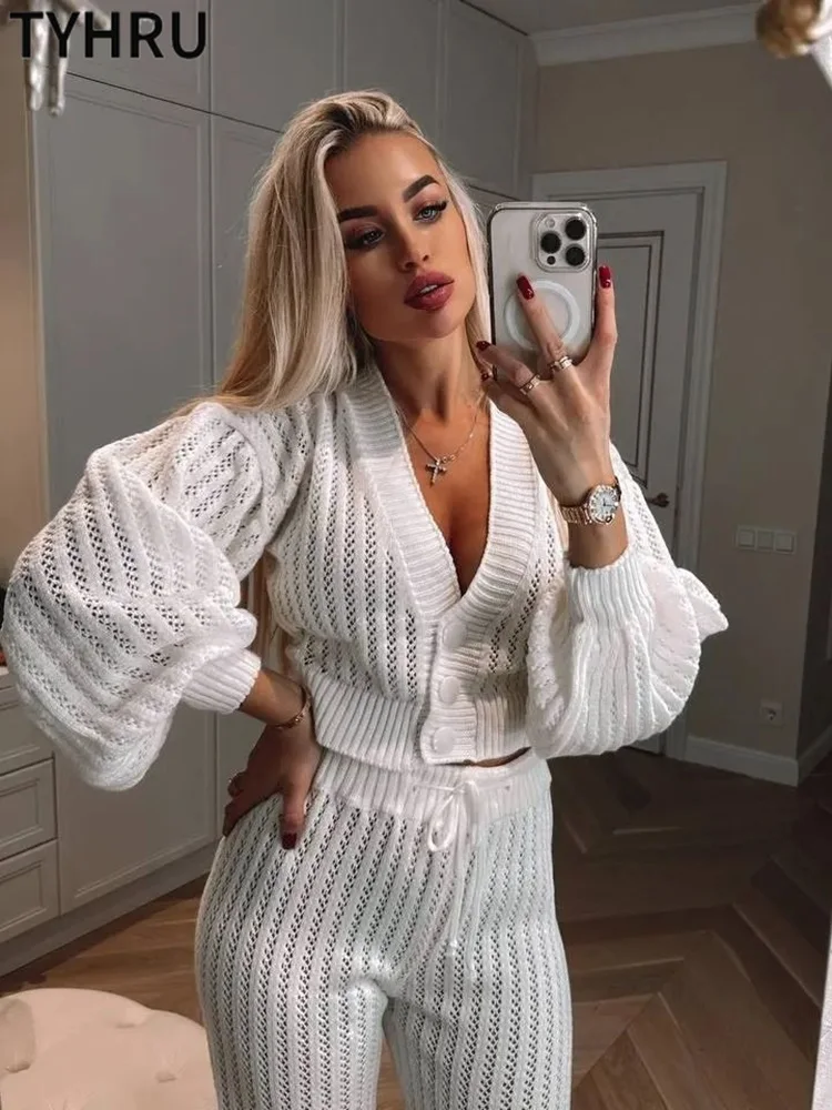 

TYHRU Women's Hollow Out Knitting Pants 2Piece Sets V-neck Single-breasted Cardigan Sweater Knitted Elastic Waist Trousers Suits