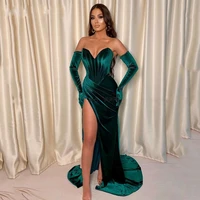 fashion green mermaid evening dresses arabic high slit split velvet party long formal banquet prom gown robe de soiree
