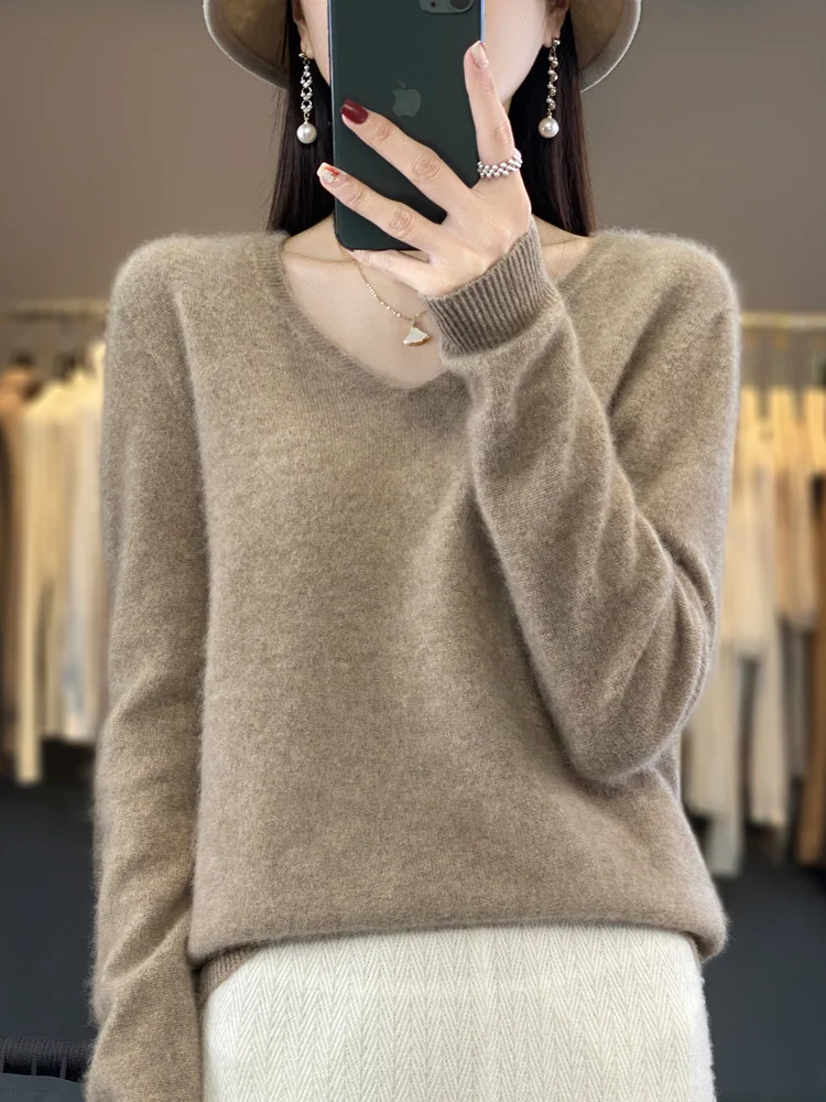

Long Sleeve Pullover 2023 Fashion 100% Merino Wool Traf Top Women Knitted Sweater V-Neck Spring Autumn Clothing Jumper Knitwear