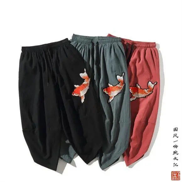 Chinese style embroidery linen cropped pants men's cotton and loose casual wide-leg plus size harem men | Мужская одежда
