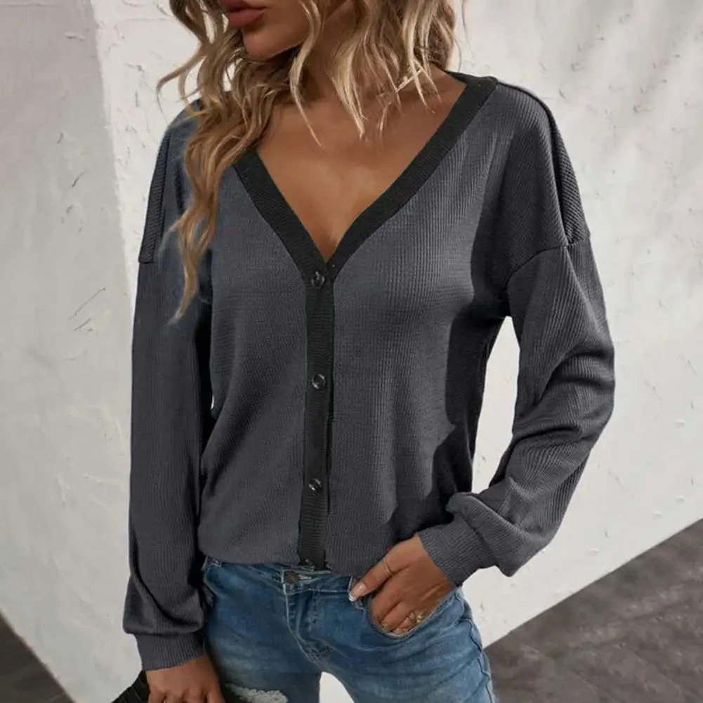 

Cardigan Blouse Long Sleeves Tee Shirt Women Splicing Color Waffle Cardigan Top
