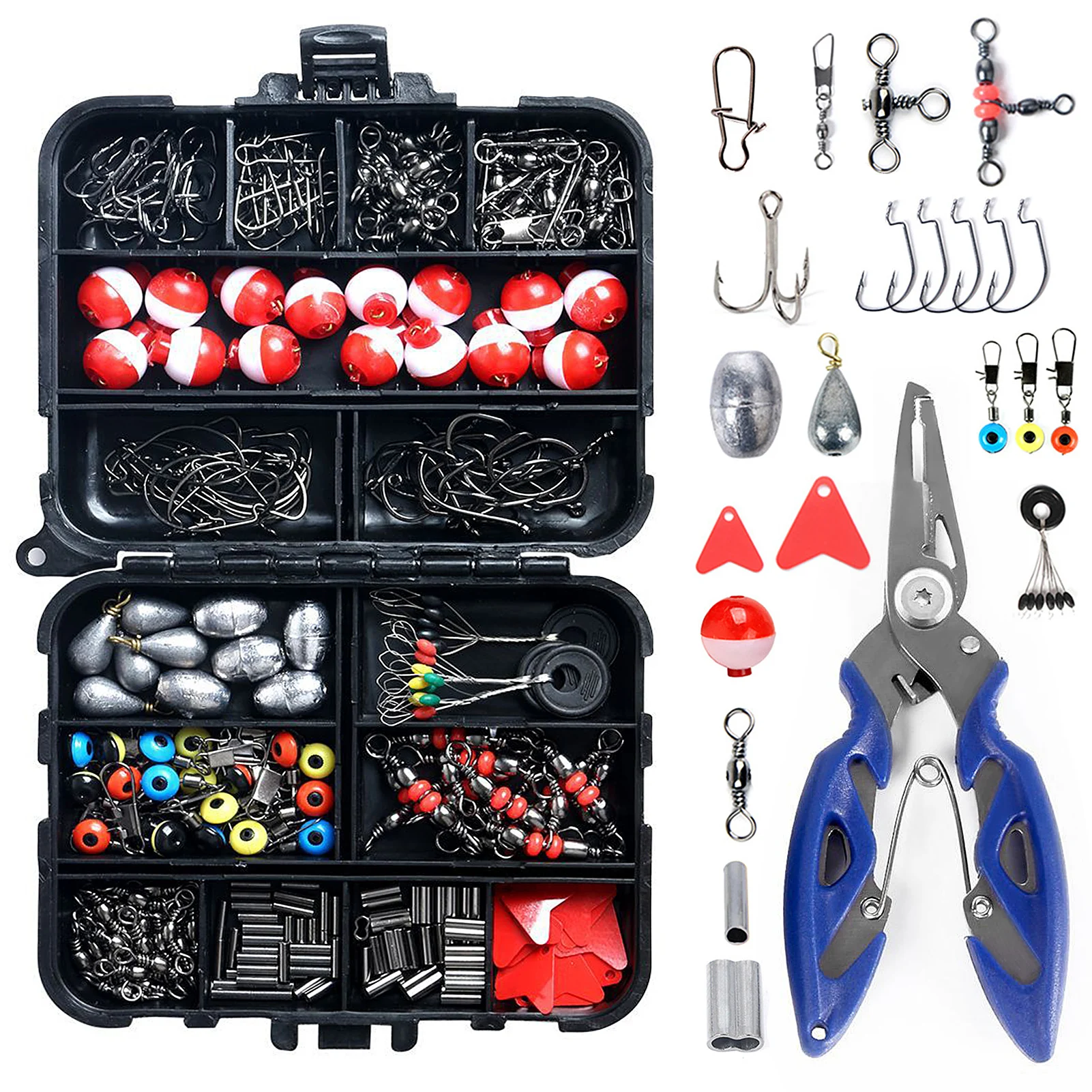 

263pcs Fishing Accessories Set with Tackle Box Including Plier Jig Hooks Sinker Weight Floats Swivels Snaps Sinker Slides