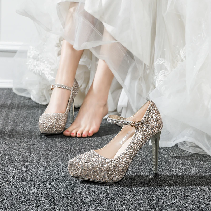 

Wedding Dress Shoes Women's Word Buckle 2022 New Crystal Bride Shoes Small Size Waterproof Platform Wedding High Heels 11cm