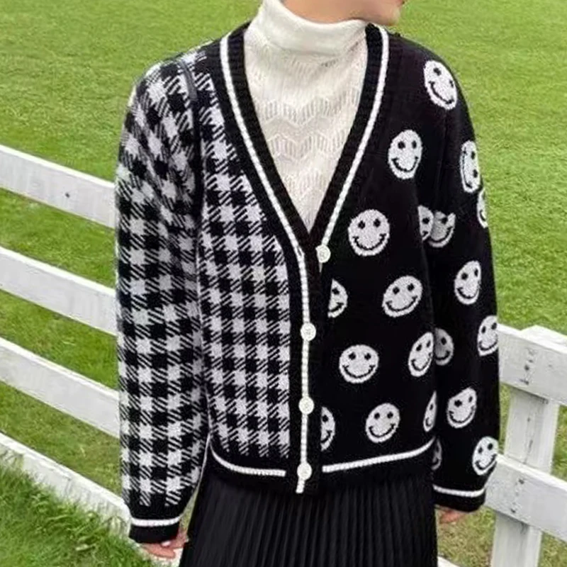 

Half Smiley Face N' Half Plaid Print Cardigan V-Neck Knit Button Down Sweater Women Streetwear Aesthetic Playful Outfit