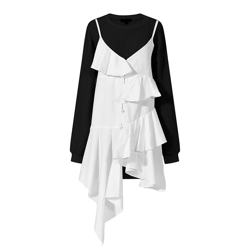 

Bubble sweater autumn new fake two asymmetric multi-layer Ruffle suspender dress splicing T-shirt