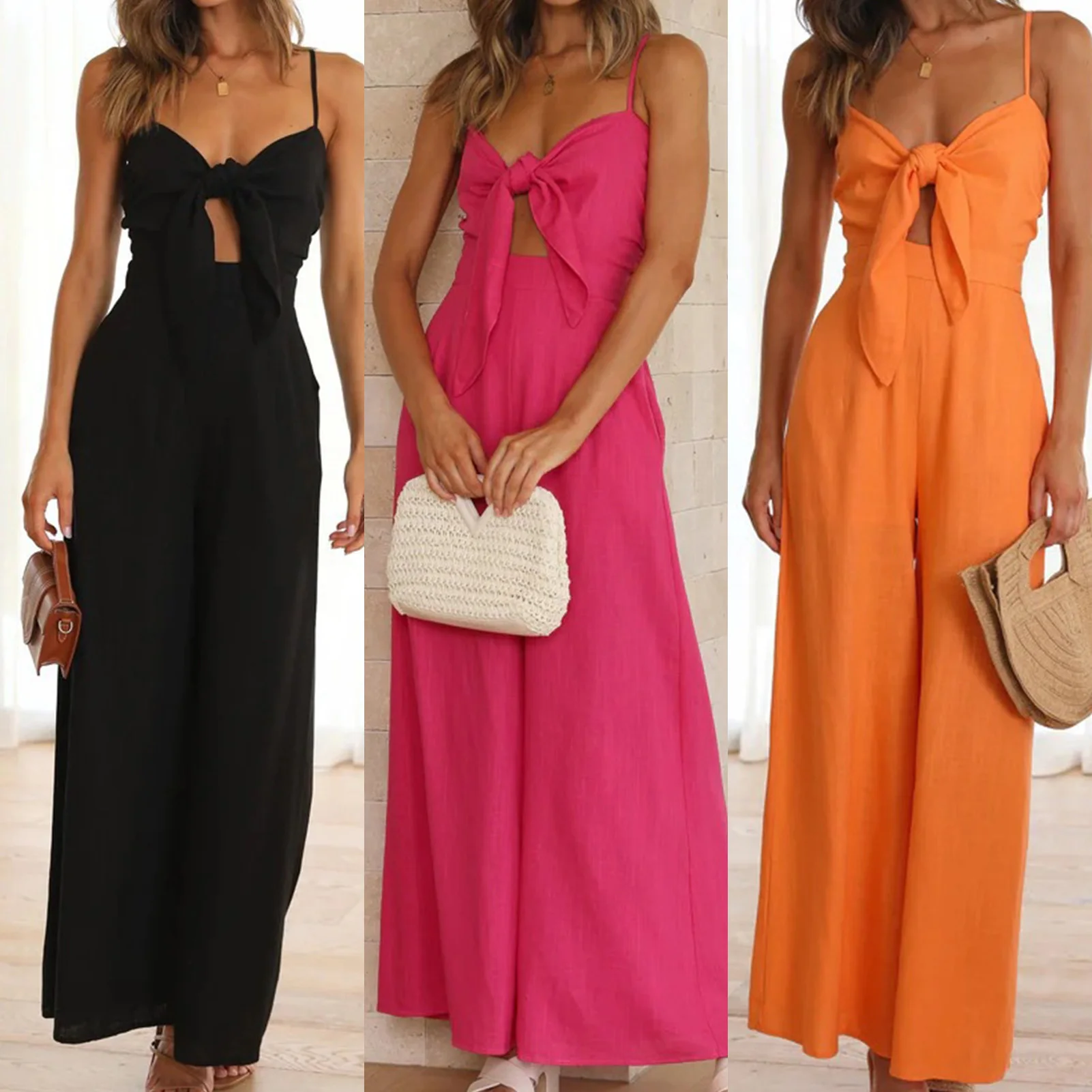 

Women Wide Leg Jumpsuits Lace Up Fashion Summer Jumpsuits Casual Solid Color Simple Pleated Hollow Overalls Rompers