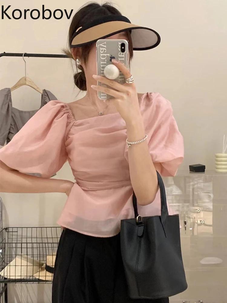 

Летние женские топы Korobov, дизайнерские НОВЫЕ шикарные блузки со складками на одно плечо, блузка с пышными рукавами, приталенные винтажные ми...