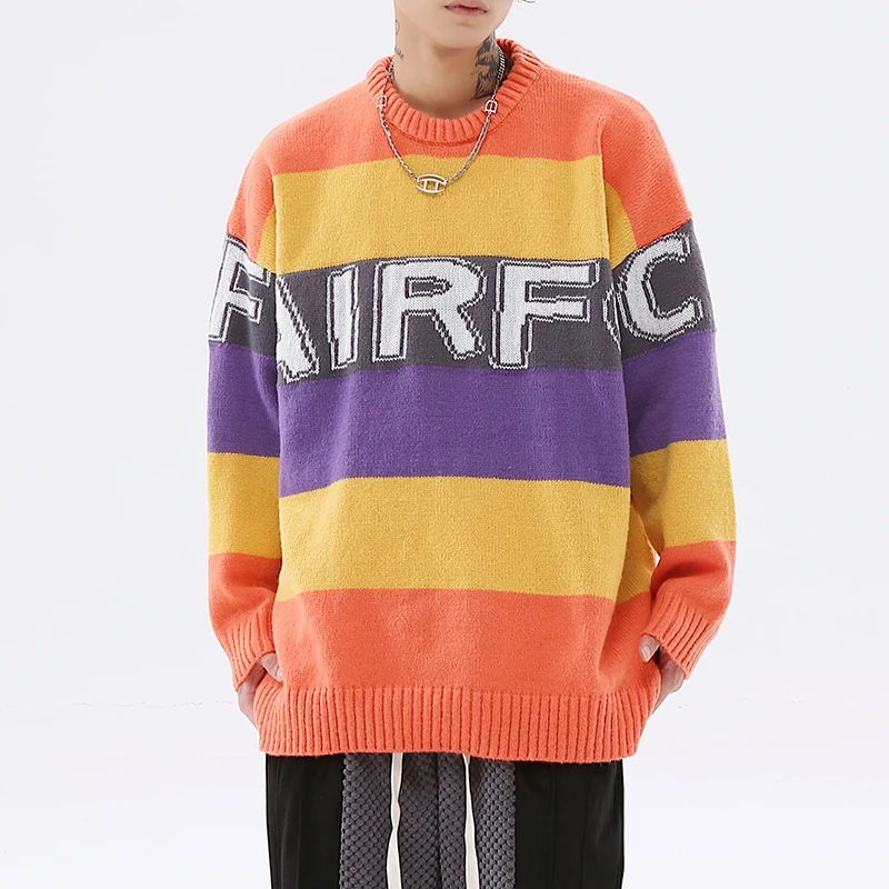 

Rainbow Contrasting Colors Letter Print Spliced O Neck Men's Winter Sweaters Retro Streetwear Harajuku Patchwork Casual Clothes