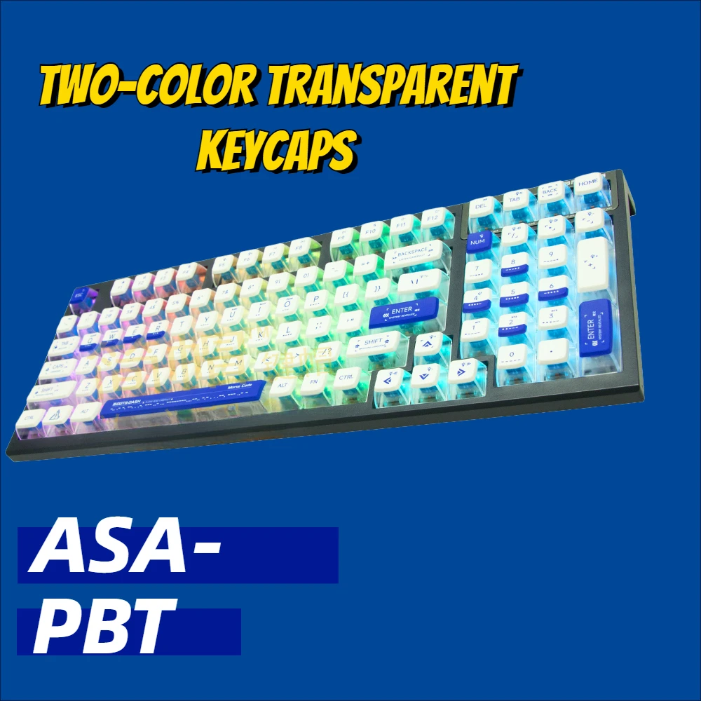 

MiFuny ASA, Двухцветные прозрачные колпачки клавиш PBT, голубые минималистичные полупрозрачные колпачки, 96 колпачков клавиш для механической клавиатуры