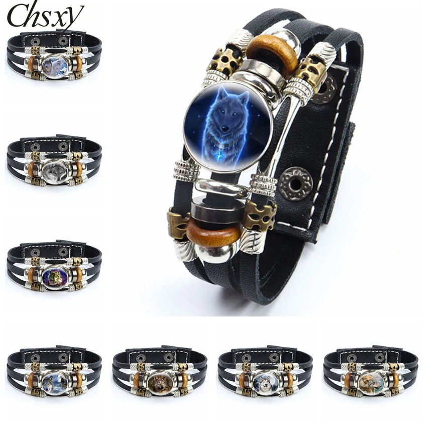 

Nordic Wiccan Wolf Leather Bracelet for Man Wiccan Wolf Glass Cabochon Button Multilayer Braided Bangles Wristbands Jewelry Gift