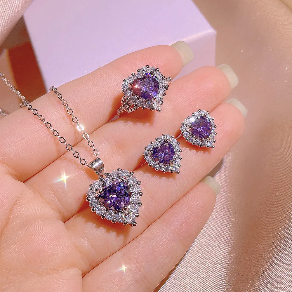 

Topa Blue Zircon Heart Necklace Earrings Three Piece Set Women Luxury Jewelry Ring Silver 925 Retro