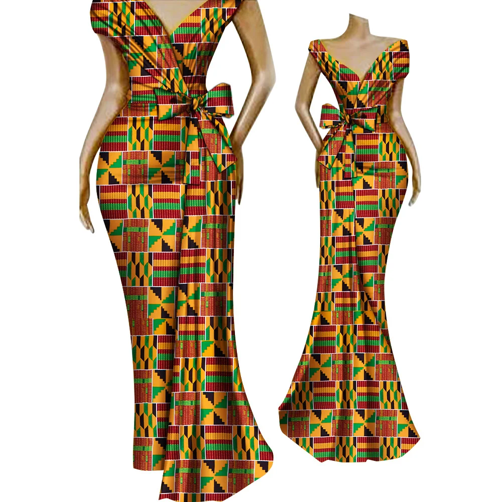 

African Print Dresses for Women Wedding Party V-necklace Bow Decoration Plus Size Elegant Ladies Mermaid Maxi Clothings WY9752