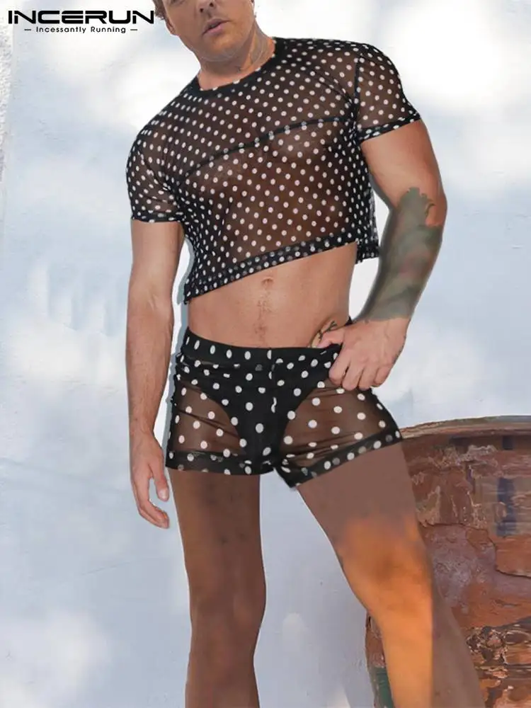 

Comfortable New Men's See Through Pajama Sets Short Sleeve Polka Dot Shirts Shorts Male Nightgown Loungewear S-5XL INCERUN 2022