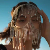 new fashion luxury rhinestone long tassel crystal cover full face chain mask headband womens headchain ball face accessories
