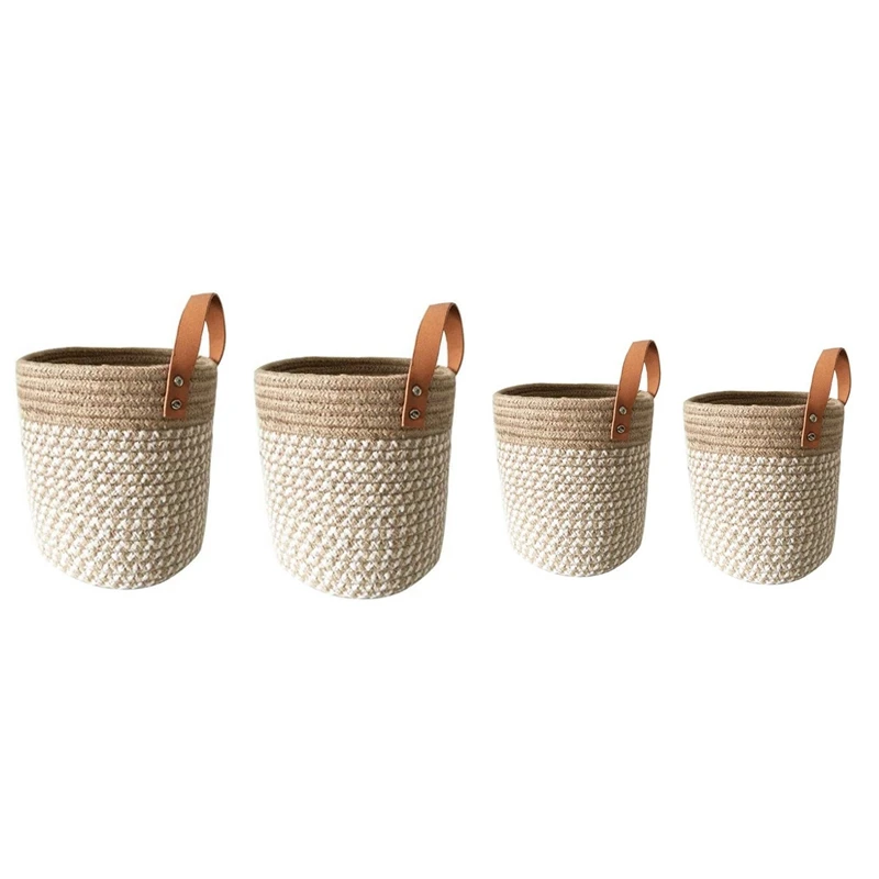

2Pcs Cotton Rope Baskets With Handle- Woven Wall Storage Basket Bins For Decor Home-Basket For Flower Plants