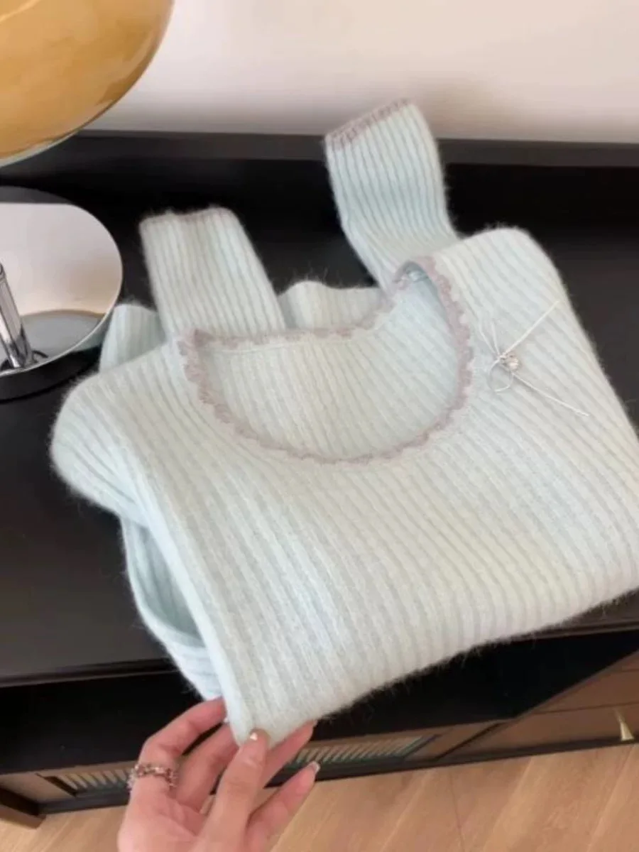 Осень-зима 2024 новый милый вязаный свитер женский пуловер с бантом внутренняя