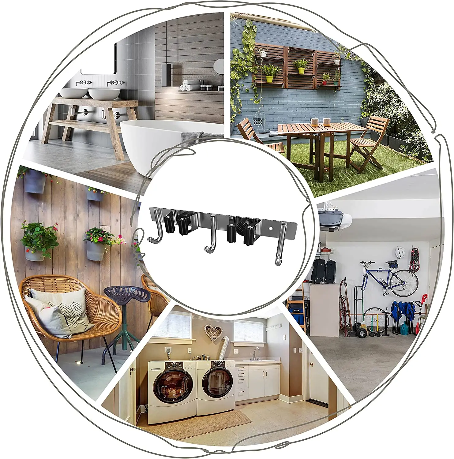 

SUS304 Stainless Steel Broom Organizer Wall Mount for Laundry Room Garden Garage 2 Racks 3 Hooks cosas para la cocina