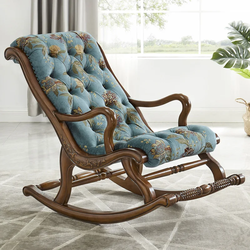 

American all solid wood rocking chair leather fabric sofa foot rest family living room single leather all solid wood rocking cha