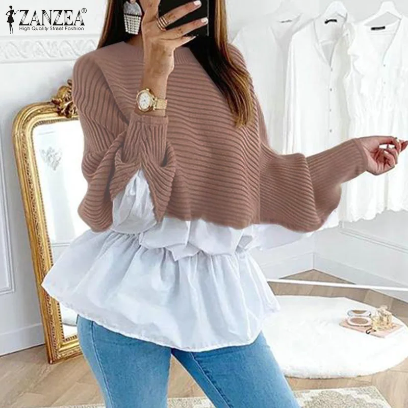 

Весенняя модная женская блузка ZANZEA в стиле пэчворк с оборками, рубашки 2022, повседневные однотонные Топы с длинным рукавом, свободные женски...
