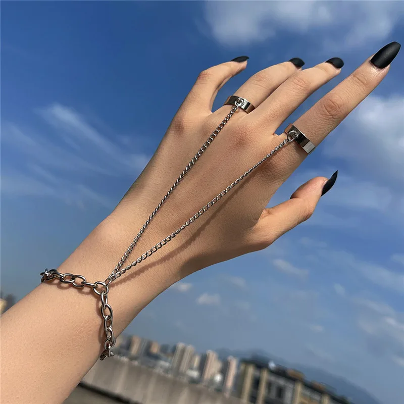 

Punk Geometric Silver Color Chain Wrist Bracelet For Women Men Ring Charm Set Couple Emo Fashion Jewelry Gifts Pulsera Mujer