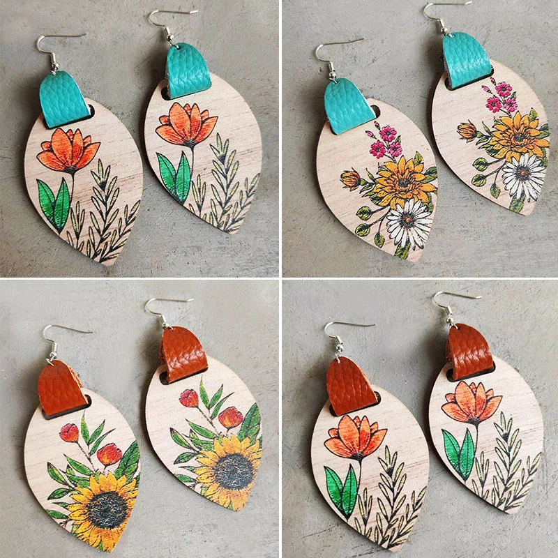 

Bohemia Ethnic Wooden Geometric Cowhskin Earring For Women Colorful Butterfly Sunflower Leaves Pattern Earring Fashion Jewelry