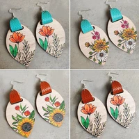 bohemia ethnic wooden geometric cowhskin earring for women colorful butterfly sunflower leaves pattern earring fashion jewelry