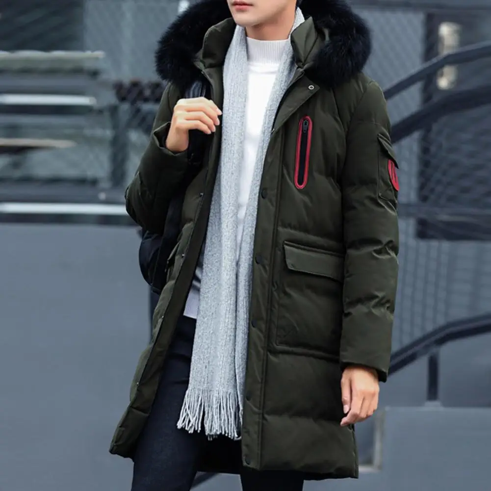 New Men Hooded Jacket Cotton Padded Long Sleeve Removable Faux Fur Collar Overcoat Winter Fluffy Filling Windbreaker Streetwear