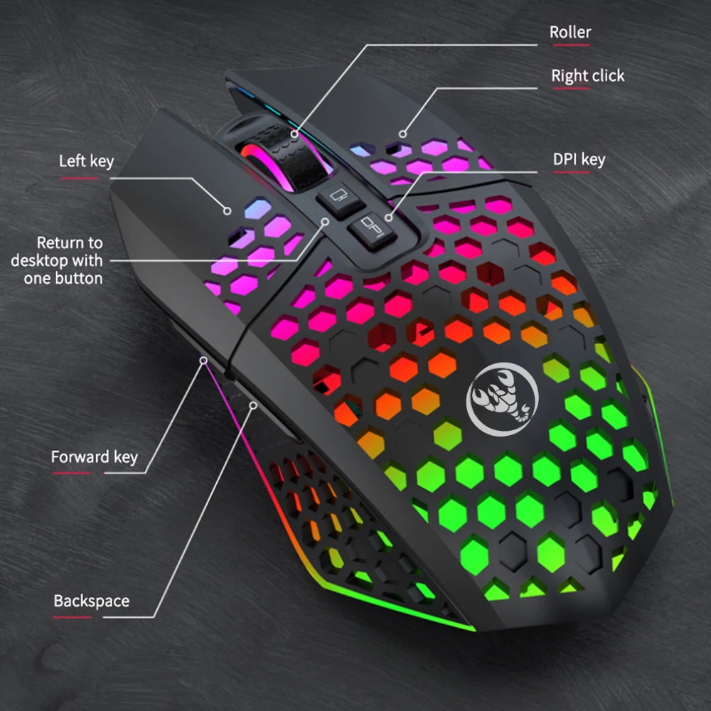 Беспроводная игровая мышь HXSJ T500 rgb, перезаряжаемая офисная компьютерная мышь с отверстиями типа C, Бесшумная игровая беспроводная мышь 2,4 ГГц для настольного компьютера mac (art.: 3920c8bc2cd21) - 3920c8bc2cd21