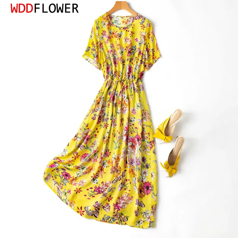 Women 100% Natural Mulberry Silk Yellow Flower Printed Crew Neck With Lining Long Dress Belted Waist Midi Dress MM518