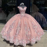 2022 quinceanera dress bling sequins tulle ball gown prom sweet 16 dresses pink 3d flower applique beaded ruffle skirt
