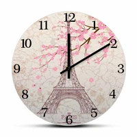 eiffel tower modern design wall clock for girls living room french cityscape europe home decor pink flowers sakura wall clock