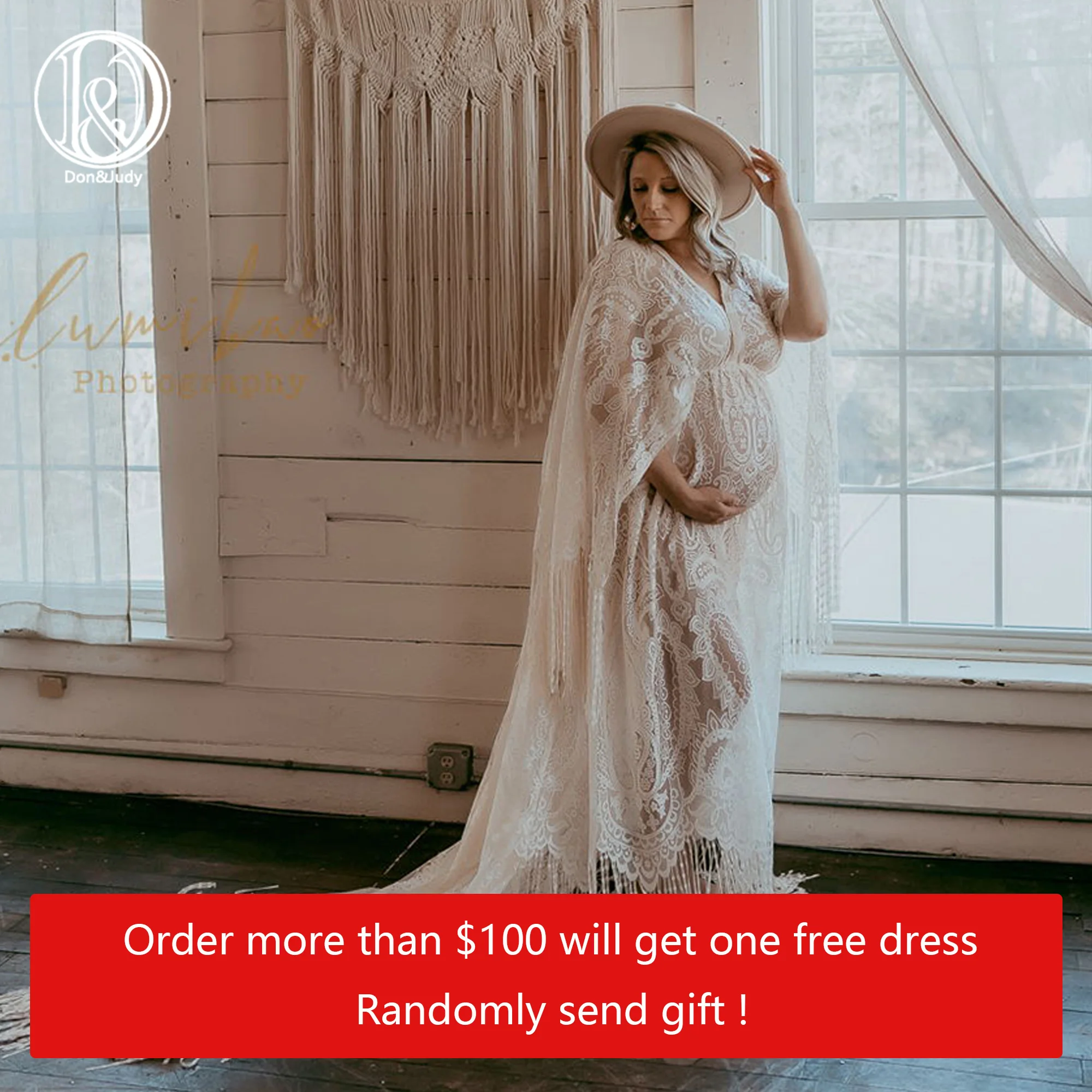 Don&Judy Boho Maternity Lace Dress Photo Shoot Props Pregnant Woman Prom Photography Long Tassel Robe Maxi Free Size Floral Gown