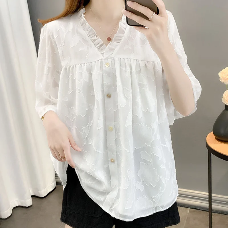 

Women's Fashion Ruffled V-neck Black White Short Sleeve Chiffon Blouse Shirt 2022 Summer Casual Chic Loose Top Female Blusas 4XL