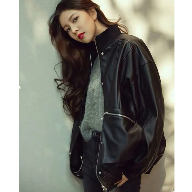 Leather Jacket Women's Spring And Autumn Black Loose Sheepskin Jacket Show Slimming And Thickening Coat Fashionable Tops